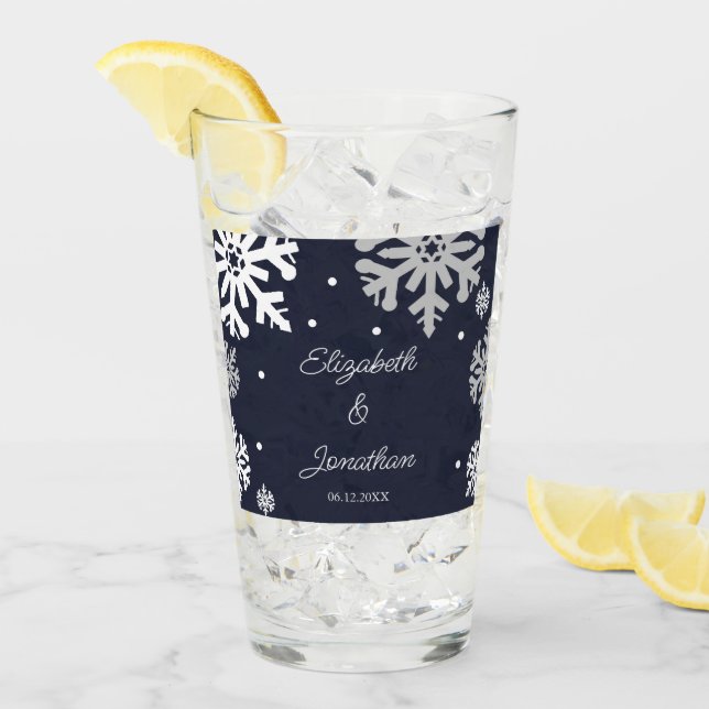 Navy Blue Snowflakes Winter Wedding Glass (Front Ice)