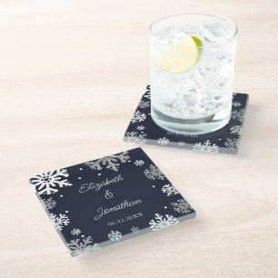 Navy Blue Snowflakes Winter Wedding Glass Coaster
