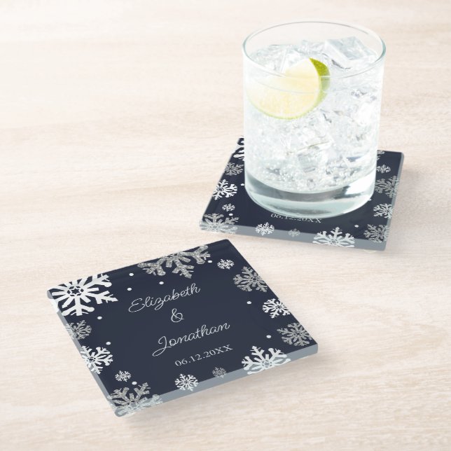 Navy Blue Snowflakes Winter Wedding Glass Coaster (Angled)
