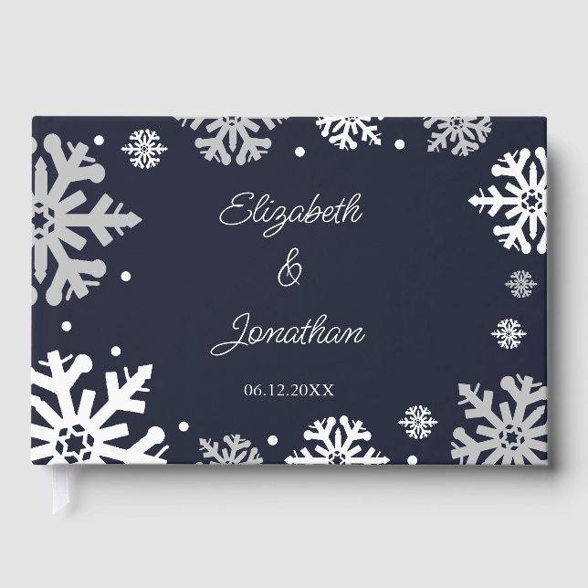 Navy Blue Snowflakes Winter Wedding Guest Book (Front)