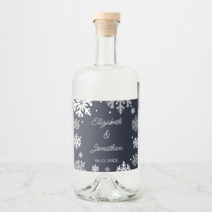 Navy Blue Snowflakes Winter Wedding Liquor Bottle Label