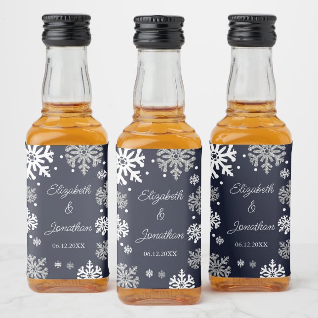 Navy Blue Snowflakes Winter Wedding Liquor Bottle Label (Bottles)