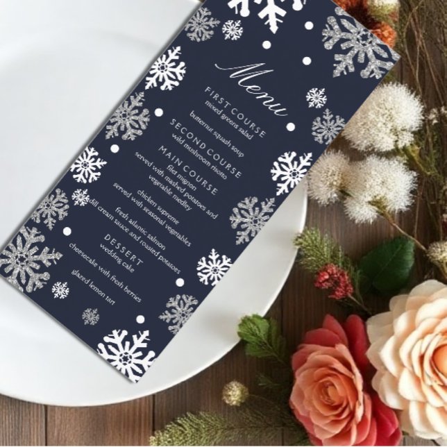 Navy Blue Snowflakes Winter Wedding Menu (Creator Uploaded)