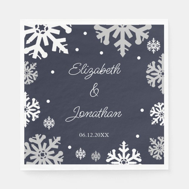 Navy Blue Snowflakes Winter Wedding Napkin (Front)