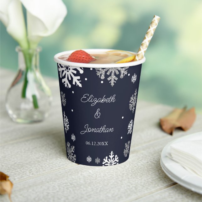 Navy Blue Snowflakes Winter Wedding Paper Cups (Insitu)