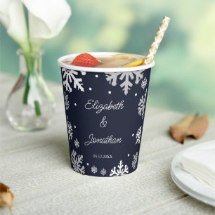 Navy Blue Snowflakes Winter Wedding Paper Cups
