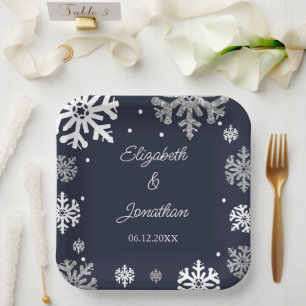 Navy Blue Snowflakes Winter Wedding Paper Plate