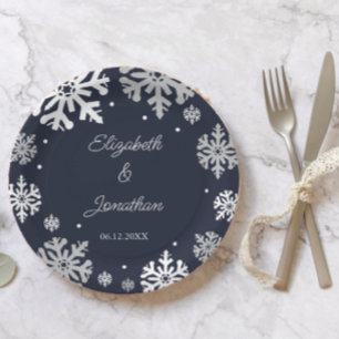 Navy Blue Snowflakes Winter Wedding Paper Plate
