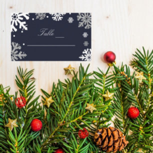 Navy Blue Snowflakes Winter Wedding Place Card
