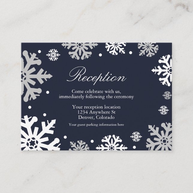 Navy Blue Snowflakes Winter Wedding Reception Enclosure Card (Front)
