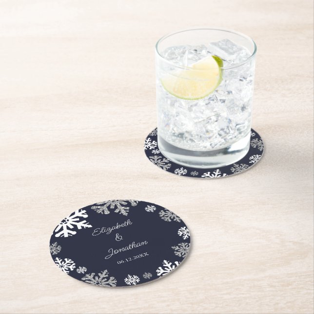 Navy Blue Snowflakes Winter Wedding Round Paper Coaster (Insitu)