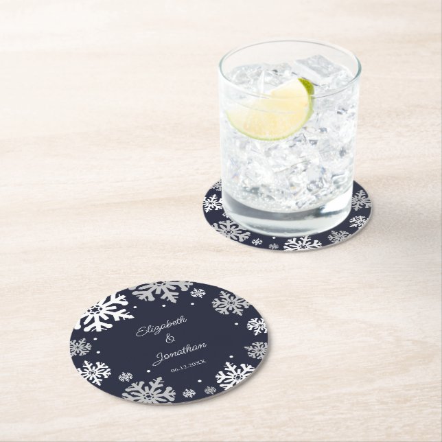 Navy Blue Snowflakes Winter Wedding Round Paper Coaster (Insitu)