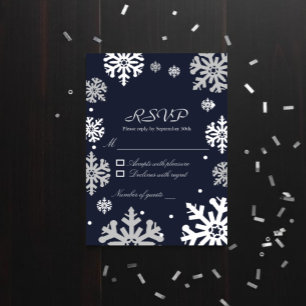 Navy Blue Snowflakes Winter Wedding RSVP Card