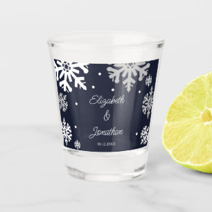 Navy Blue Snowflakes Winter Wedding Shot Glass
