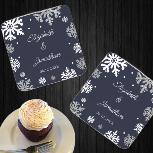 Navy Blue Snowflakes Winter Wedding Square Paper Coaster (Creator Uploaded)