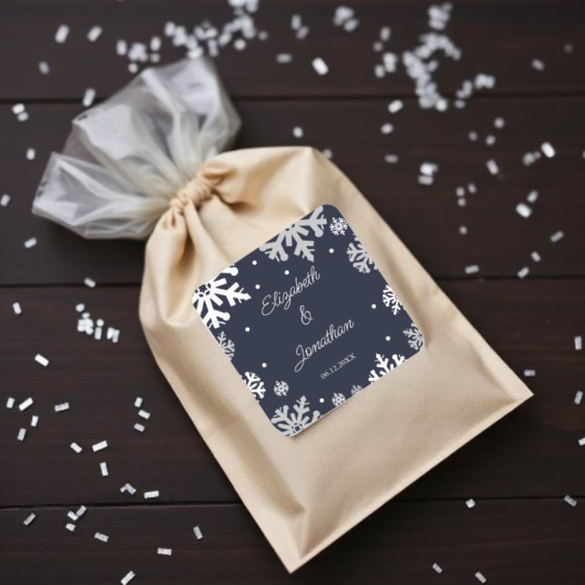 Navy Blue Snowflakes Winter Wedding Square Sticker (Creator Uploaded)