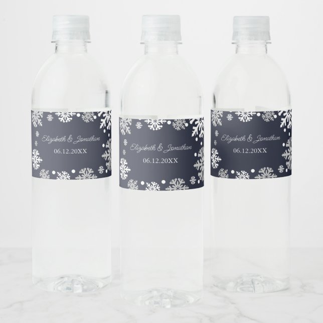 Navy Blue Snowflakes Winter Wedding Water Bottle Label (Bottles)