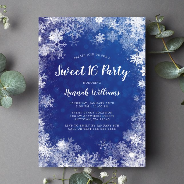 Navy Blue Snowflakes Winter Wonderland Sweet 16 Invitation (Creator Uploaded)