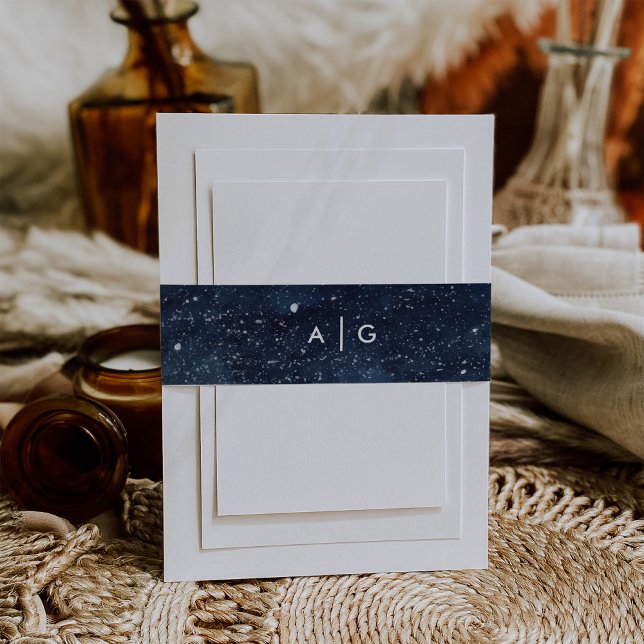 Navy Blue Snowy Winter Night Monogram Wedding Invitation Belly Band (Winter wonderland navy blue watercolor with snowy background and has an option to add your monogram.)