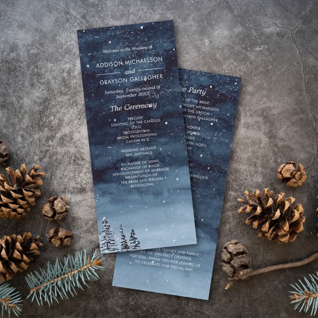 Navy Blue Snowy Winter Night Wonderland Wedding Programme (Winter wonderland watercolor snow night wedding program card for and elegant winter wedding day.)