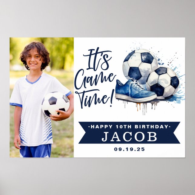 Navy Blue Soccer Kids Watercolor Photo Poster (Front)