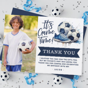 Navy Blue Soccer Kids Watercolor Photo Thank You Card