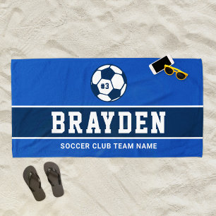 Navy Blue Soccer Player Custom Name Beach Towel