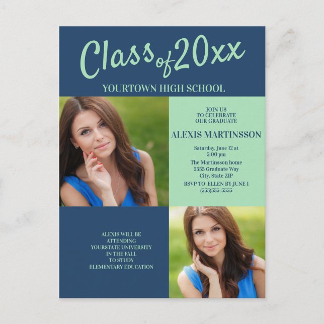 Navy Blue Soft Green Graduation Party Photo Invite Postcard (Front)