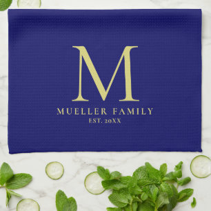 Navy Blue Solid Color Gold Monogrammed Family Name Tea Towel