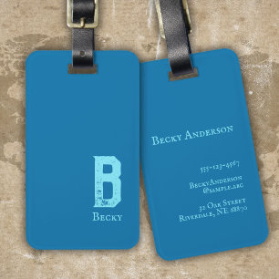 Navy blue solid colour cyan initials and name luggage tag