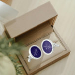 Navy Blue Solid Colour Stylised Monogram Cufflinks<br><div class="desc">A pair of sterling silver plated, round cufflinks for the fashionable man to match his outfit that feature a trendy, navy blue colour along with his name printed in white, upper case letters and superimposed with white, stylised initials. Personalise your cufflinks by editing and replacing name and initials as desired....</div>