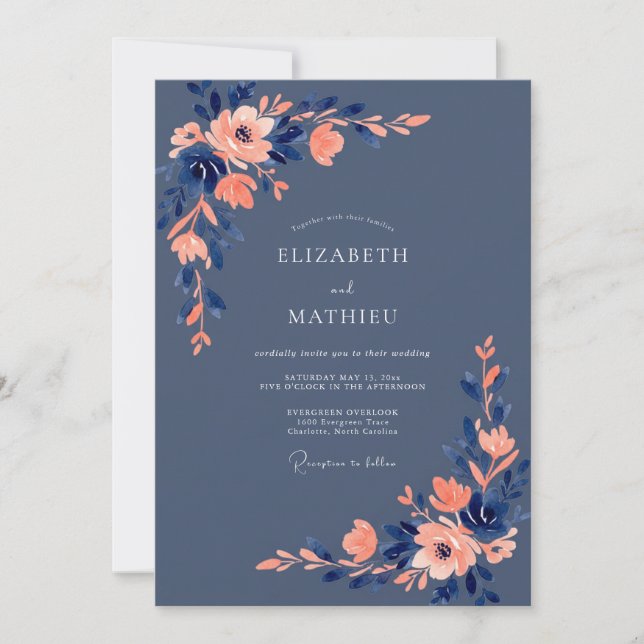 Navy Blue Sophisticated Floral Wedding Invitation (Front)