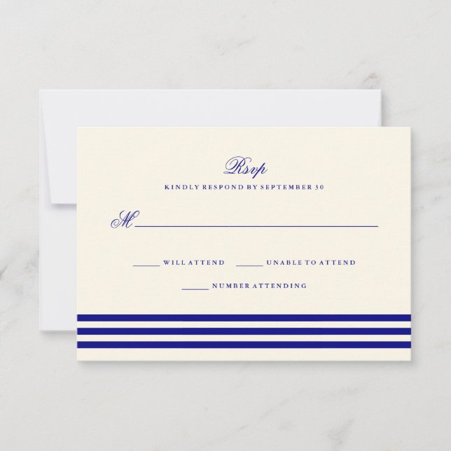 Navy Blue Sophisticated Stripes Wedding RSVP (Front)