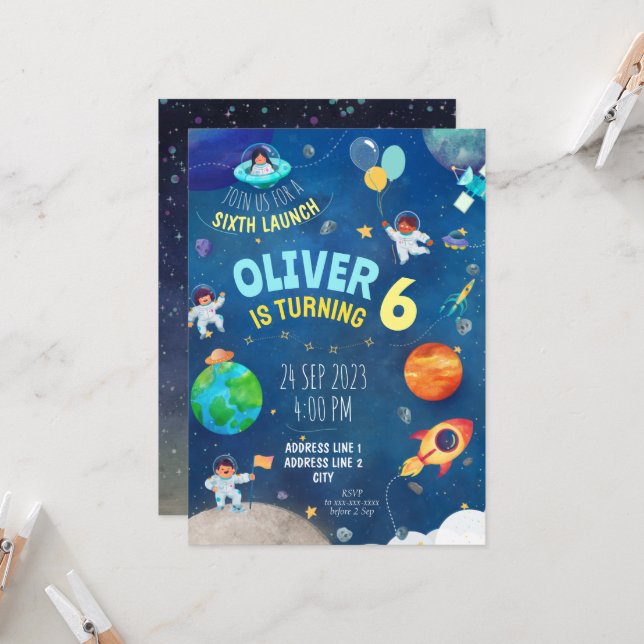 Navy blue, space theme birthday  invitation (Front/Back In Situ)
