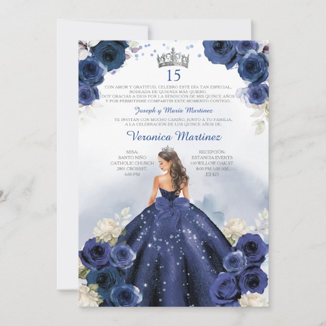 Navy Blue Spanish Princess Silver 15 Años Birthday Invitation (Front)