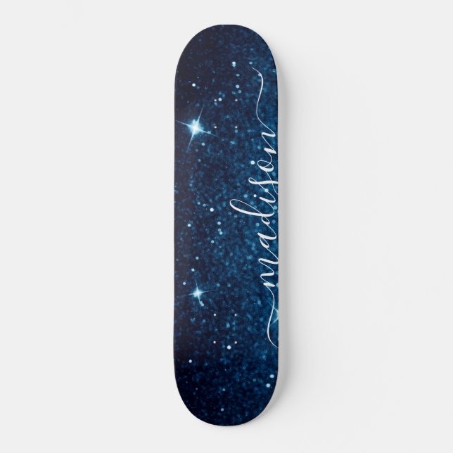 Navy Blue Sparkle Glitter Personalised Skateboard (Front)
