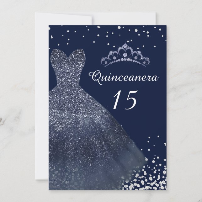 Navy Blue Sparkle Gown Dress Quinceanera Party Invitation (Front)