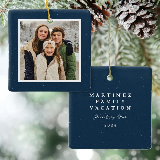 Navy blue speckle frame simple Christmas photo Ceramic Ornament (Creator Uploaded)