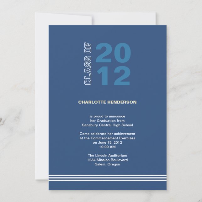 Navy blue sport stripe graduation class invitation (Front)