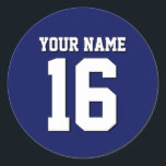 Navy Blue Sports Jersey Team Jersey Classic Round Sticker<br><div class="desc">Preppy Solid Colour Navy Blue Team Jersey / Sports Jersey / Football Jersey / Rugby Jersey with Custom Name Customise this with your own name or team name and a number. You can change the size, colour and placement of the text if you need to make changes, change the colour...</div>