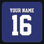 Navy Blue Sports Jersey Team Jersey Square Sticker<br><div class="desc">Preppy Solid Colour Navy Blue Team Jersey / Sports Jersey / Football Jersey / Rugby Jersey with Custom Name Customise this with your own name or team name and a number. You can change the size, colour and placement of the text if you need to make changes, change the colour...</div>