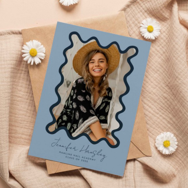 Navy Blue Squiggly Photo Frame Graduation  Announcement (Creator Uploaded)