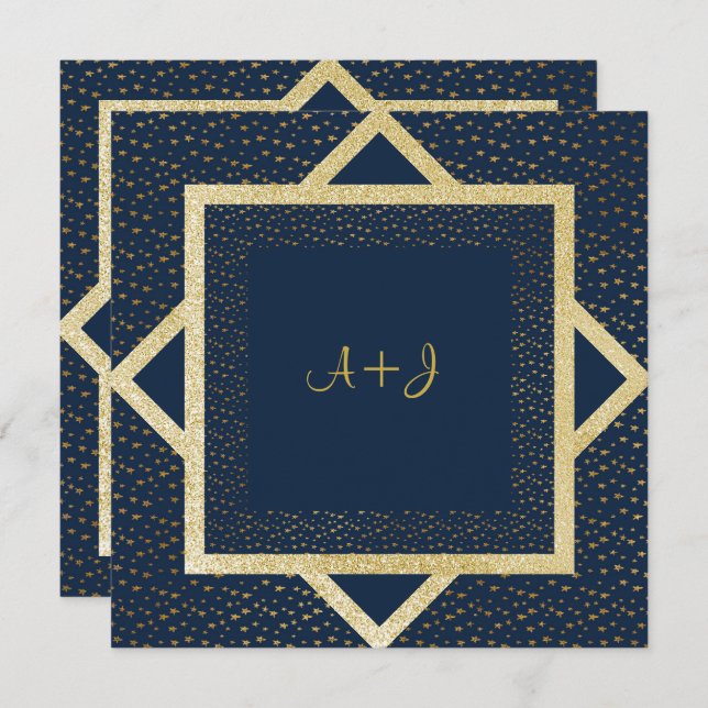 NAVY BLUE STAR GOLD WEDDING LAYERED INVITATION (Front/Back)