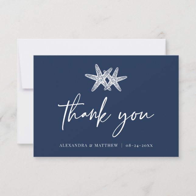 Navy Blue Starfish Modern Script Beach Wedding Thank You Card (Front)