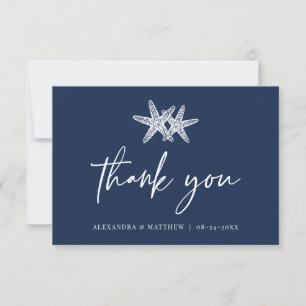 Navy Blue Starfish Modern Script Beach Wedding Thank You Card