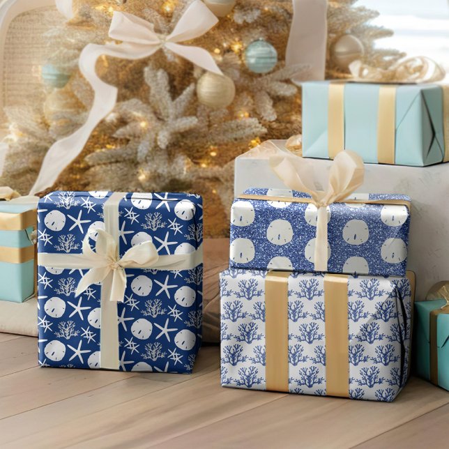 Navy Blue Starfish Sand Dollar Christmas Wrapping Paper Sheet (Creator Uploaded)