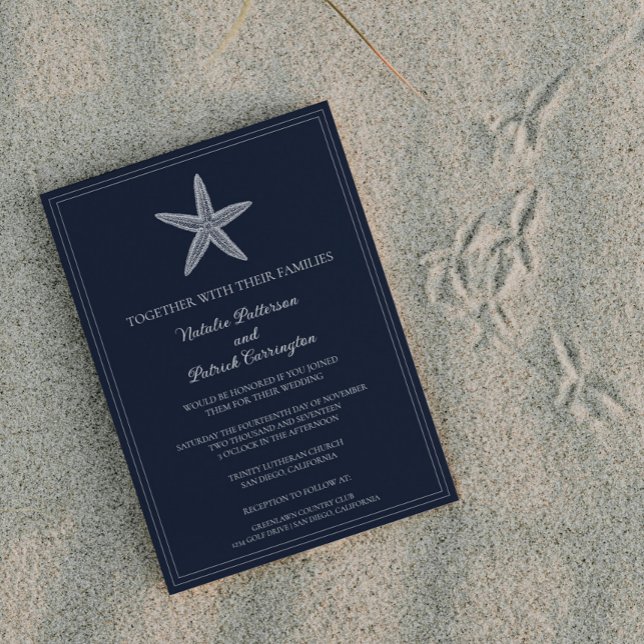 Navy Blue Starfish Wedding Invitation (Navy Blue Starfish Wedding Invitation)
