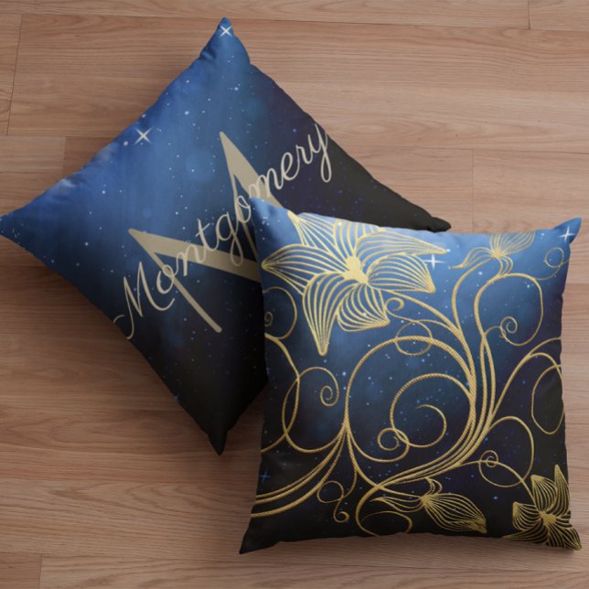 Navy Blue Starry Galaxy Gold Floral  Monogram Name Cushion (Creator Uploaded)