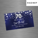 Navy blue stars 70th birthday Save the Date magnet<br><div class="desc">A modern and elegant Save the Date magnet for a 70th birthday party.   A navy blue background decorated with faux silver stars. Personalise and add a date and name. The blue colour is uneven.  The text: Save the Date is written with a large trendy hand lettered style script.</div>