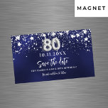 Navy blue stars 80th birthday Save the Date magnet<br><div class="desc">A modern and elegant Save the Date magnet for a 80th birthday party.   A navy blue background decorated with faux silver stars. Personalise and add a date and name. The blue colour is uneven.  The text: Save the Date is written with a large trendy hand lettered style script.</div>